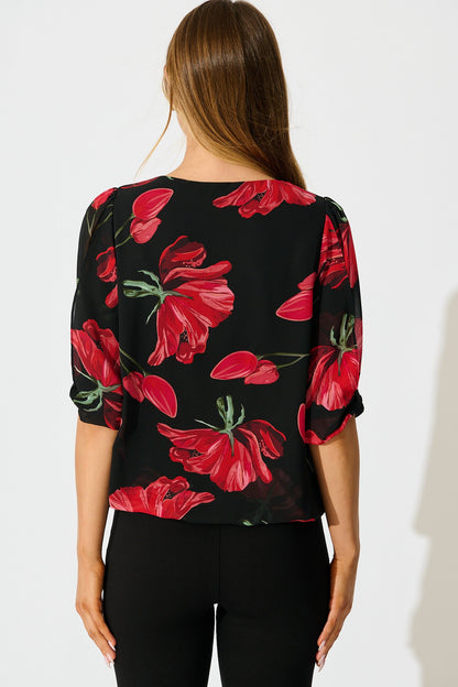 Yvette Top in Black with Red Floral