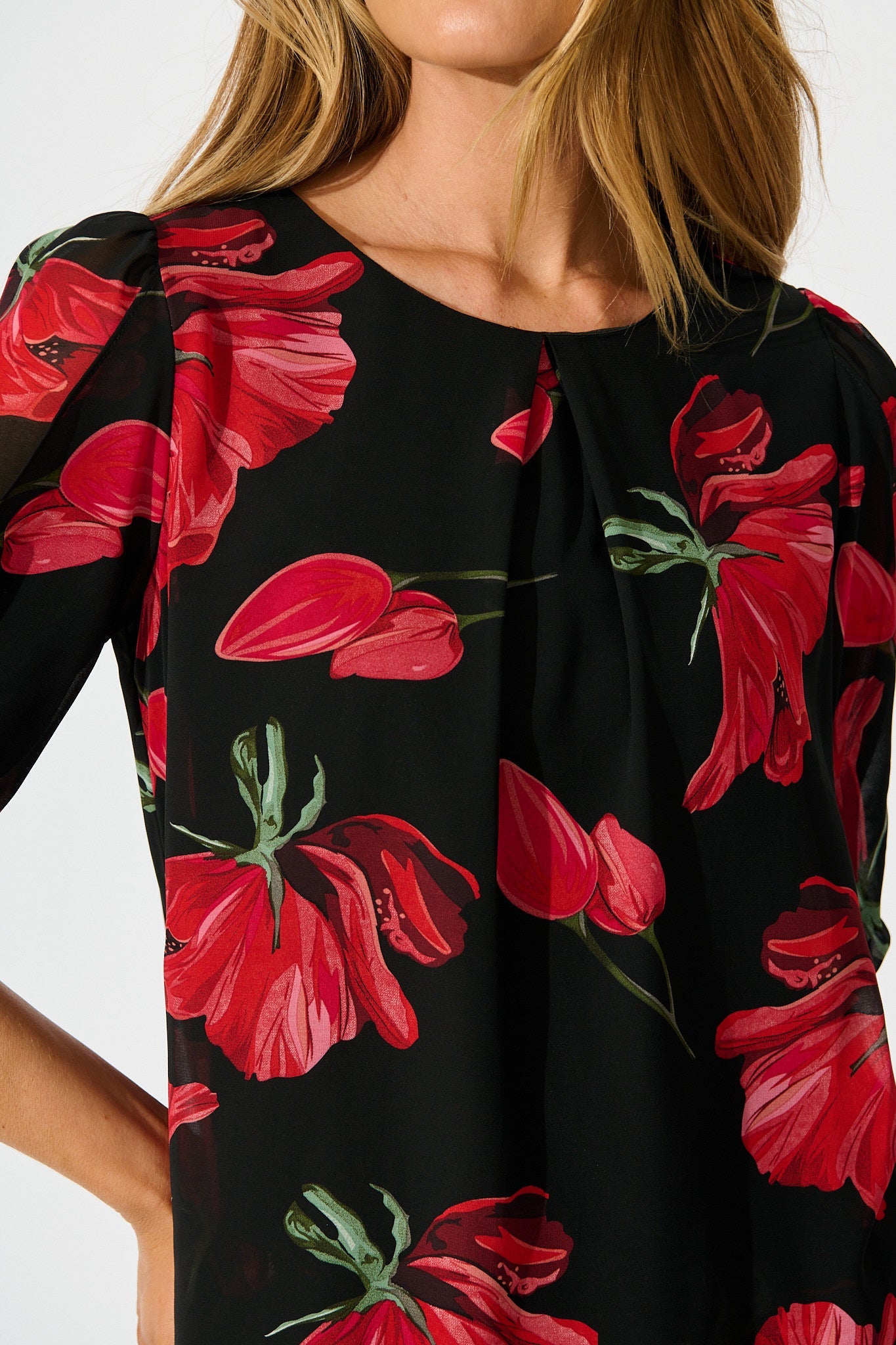 Yvette Top in Black with Red Floral