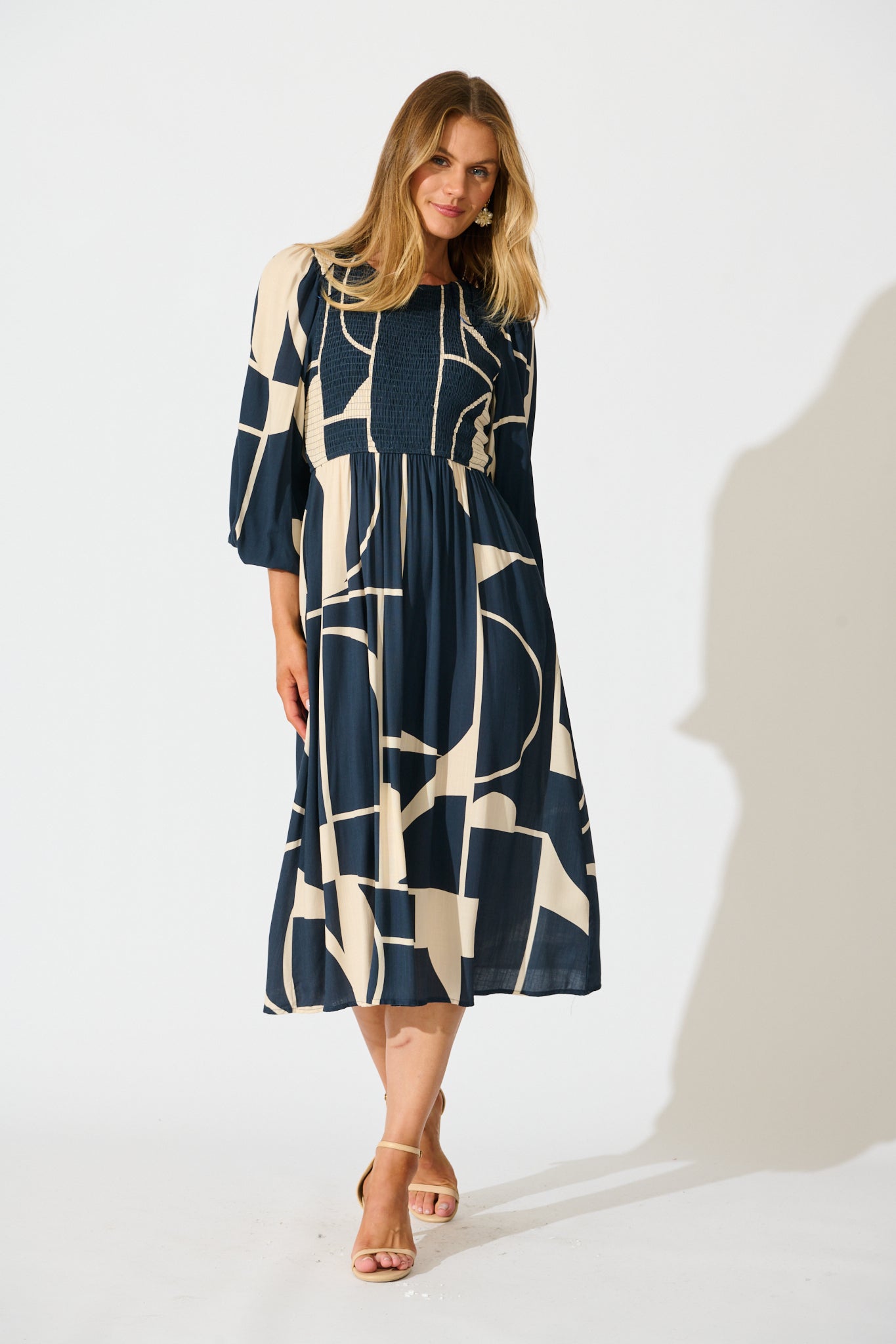 Marlee Midi Dress in Navy with Cream Geometric Linen Blend