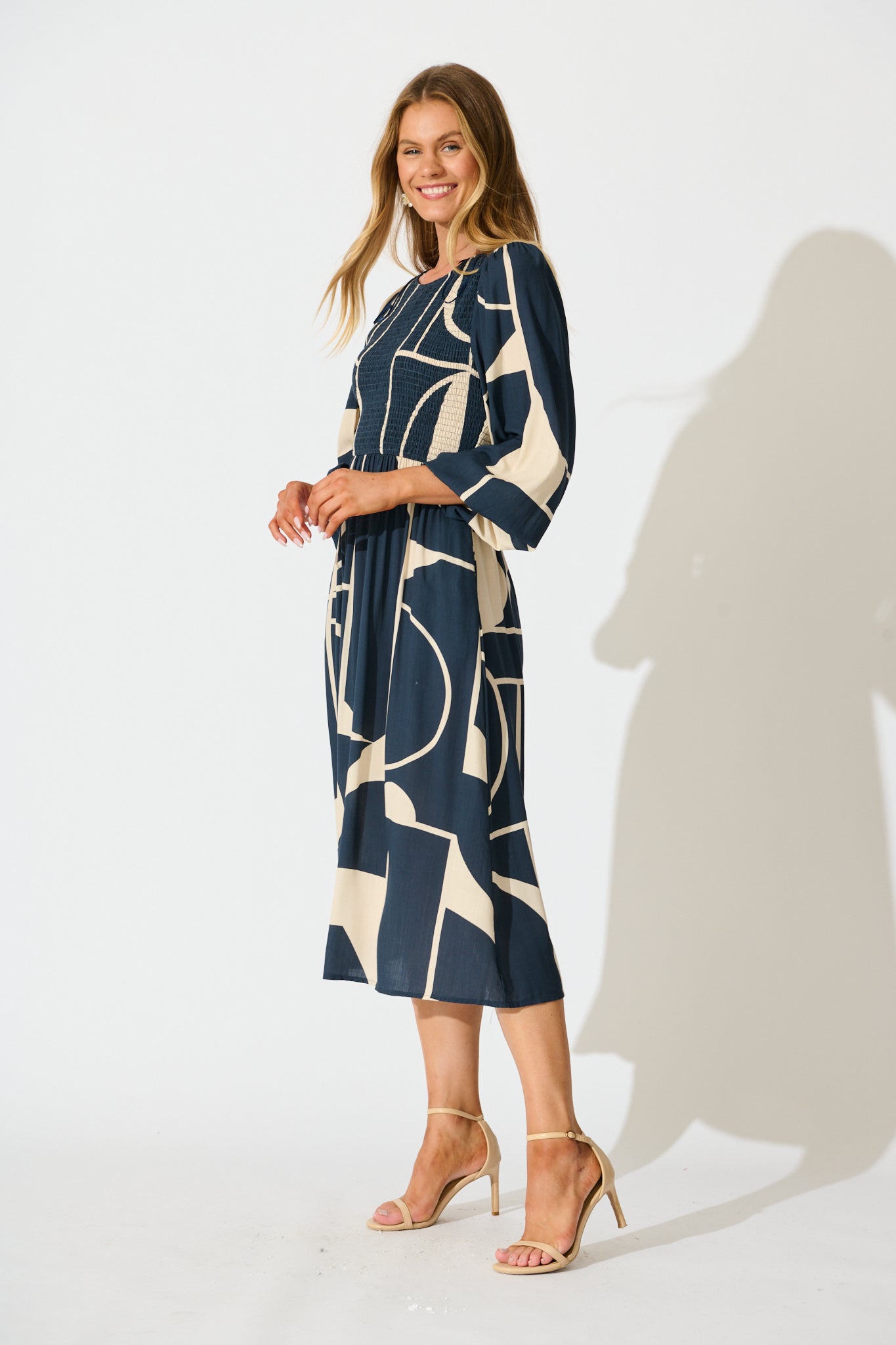 Marlee Midi Dress in Navy with Cream Geometric Linen Blend