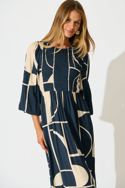 Marlee Midi Dress in Navy with Cream Geometric Linen Blend