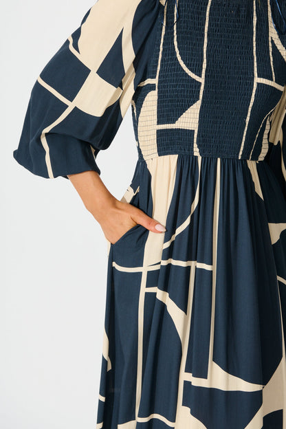 Marlee Midi Dress in Navy with Cream Geometric Linen Blend