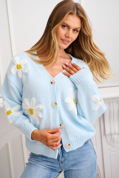 Allona Knit Cardigan in Blue With White Flowers Wool Blend