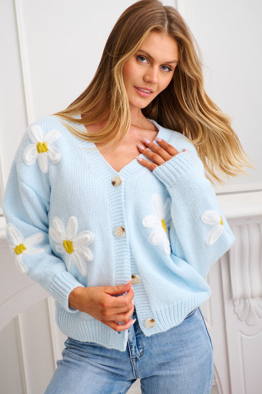 Allona Knit Cardigan in Blue With White Flowers Wool Blend