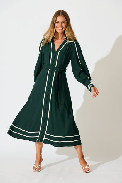 Terri Midi Dress in Emerald with White Contrast Trim