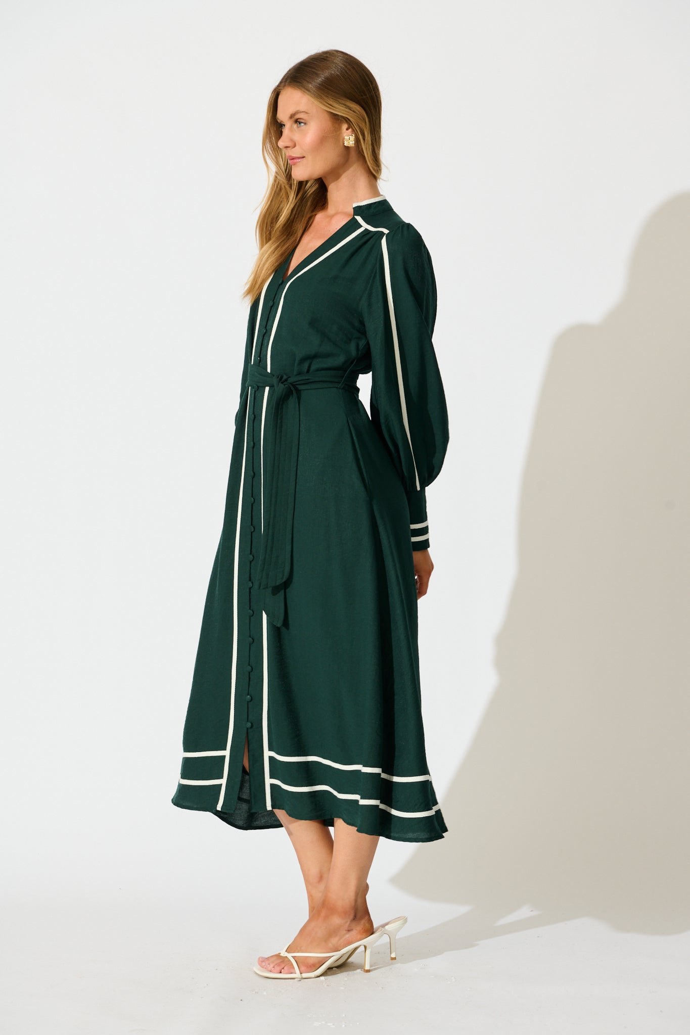 Terri Midi Dress in Emerald with White Contrast Trim