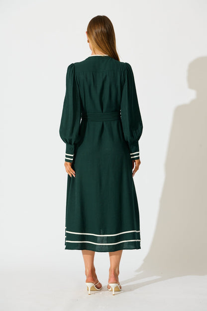 Terri Midi Dress in Emerald with White Contrast Trim
