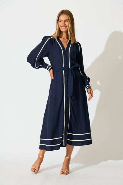 Terri Midi Dress in Navy with White Contrast Trim