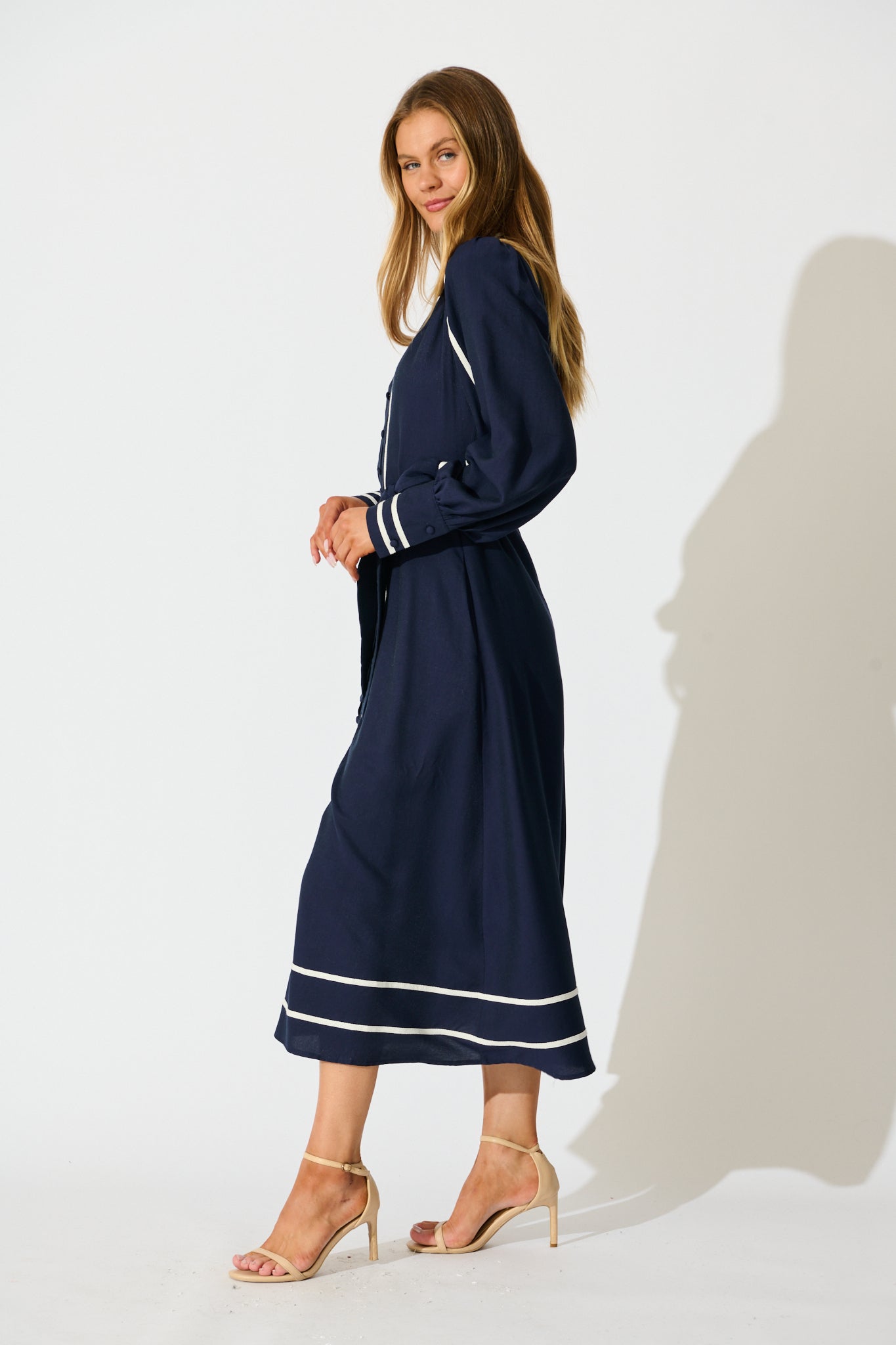 Terri Midi Dress in Navy with White Contrast Trim