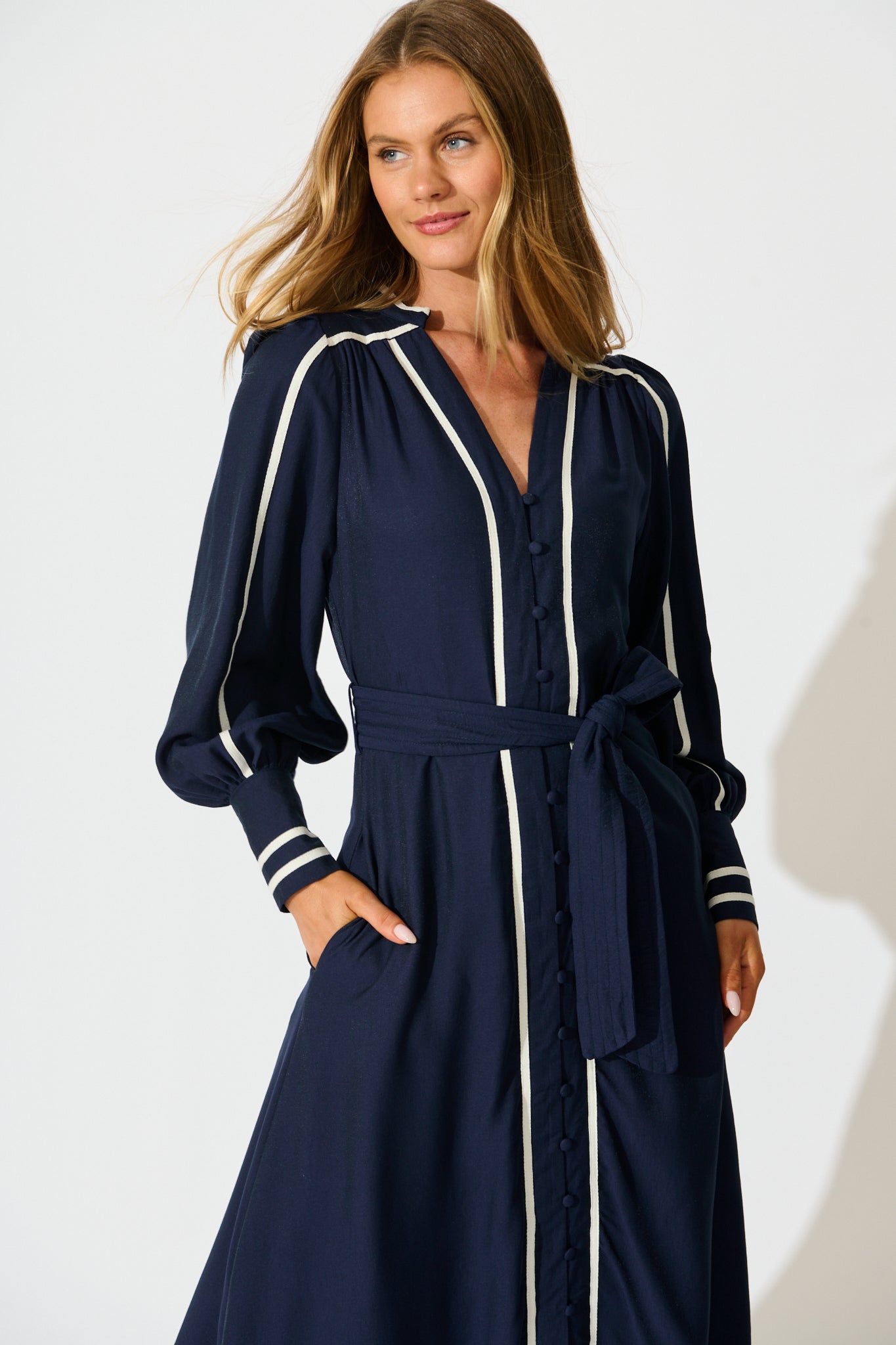 Terri Midi Dress in Navy with White Contrast Trim
