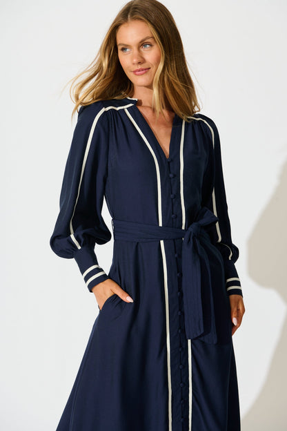 Terri Midi Dress in Navy with White Contrast Trim