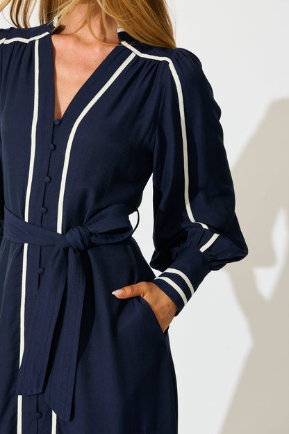 Terri Midi Dress in Navy with White Contrast Trim