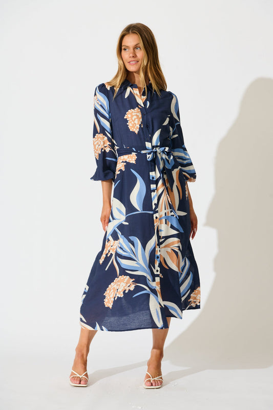 Nalani Midi Shirt Dress in Navy with Multi Print