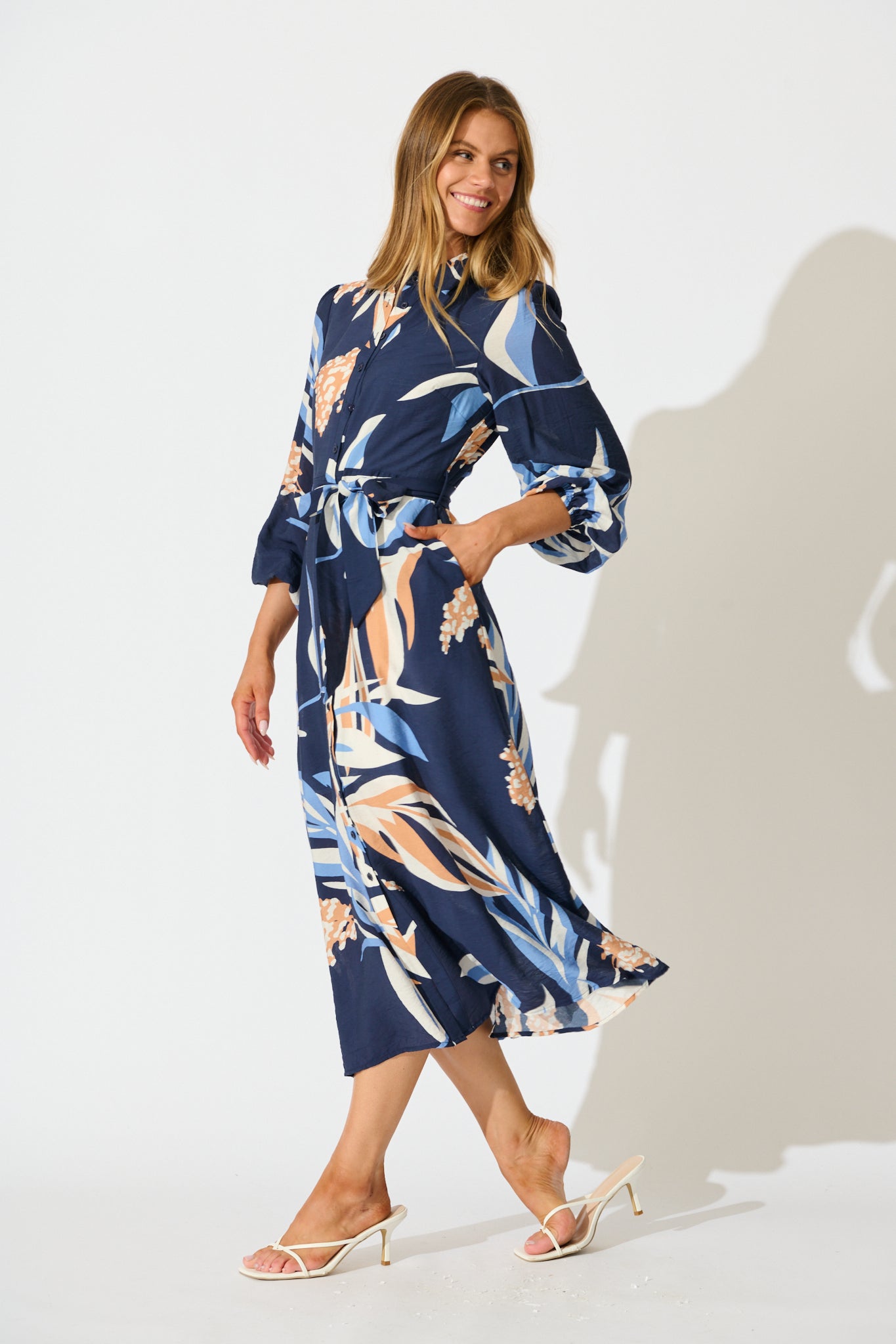 Nalani Midi Shirt Dress in Navy with Multi Print