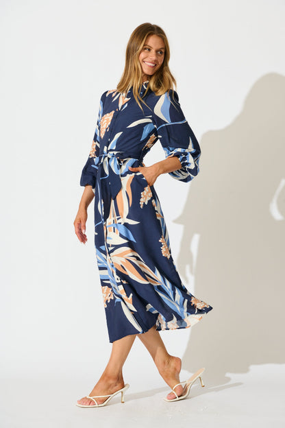 Nalani Midi Shirt Dress in Navy with Multi Print