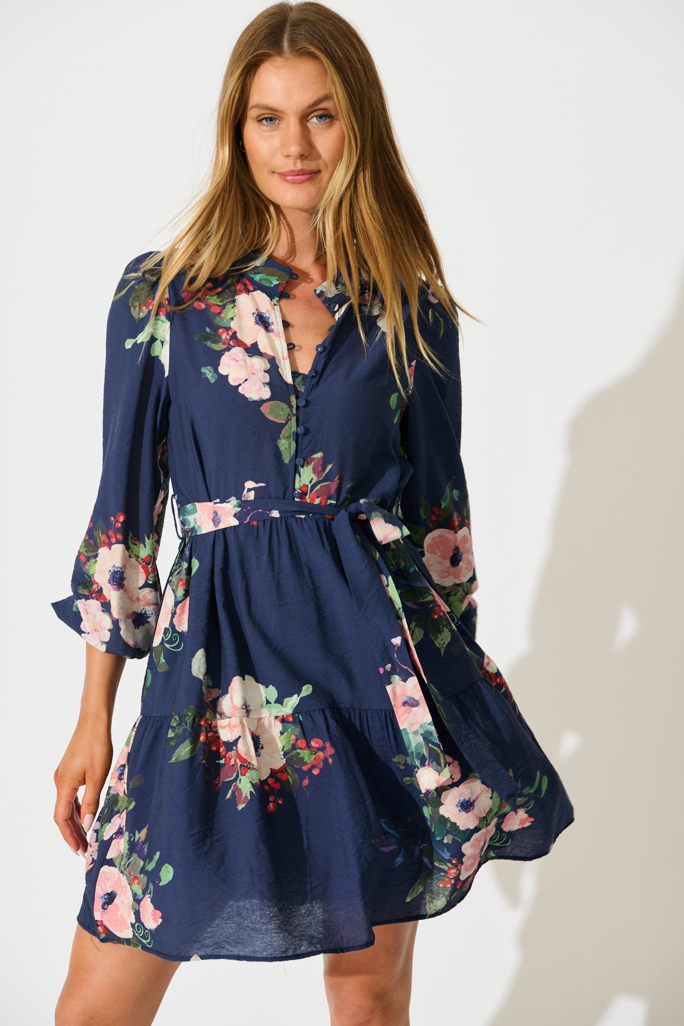 Mandy Dress in Navy with Pink Floral