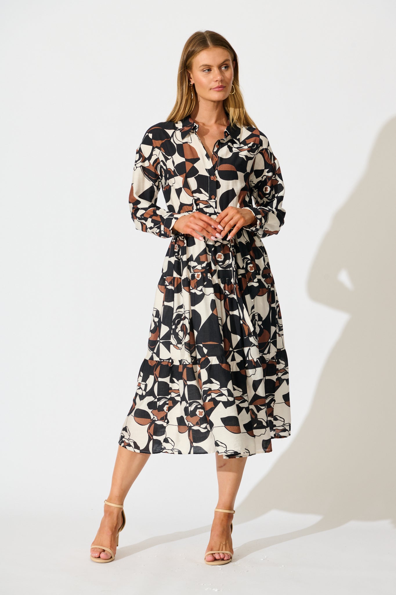Jada Midi Dress in White with Black and Brown Print