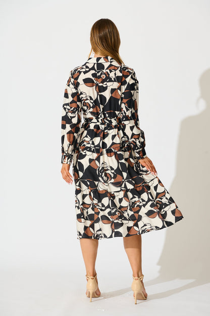 Jada Midi Dress in White with Black and Brown Print