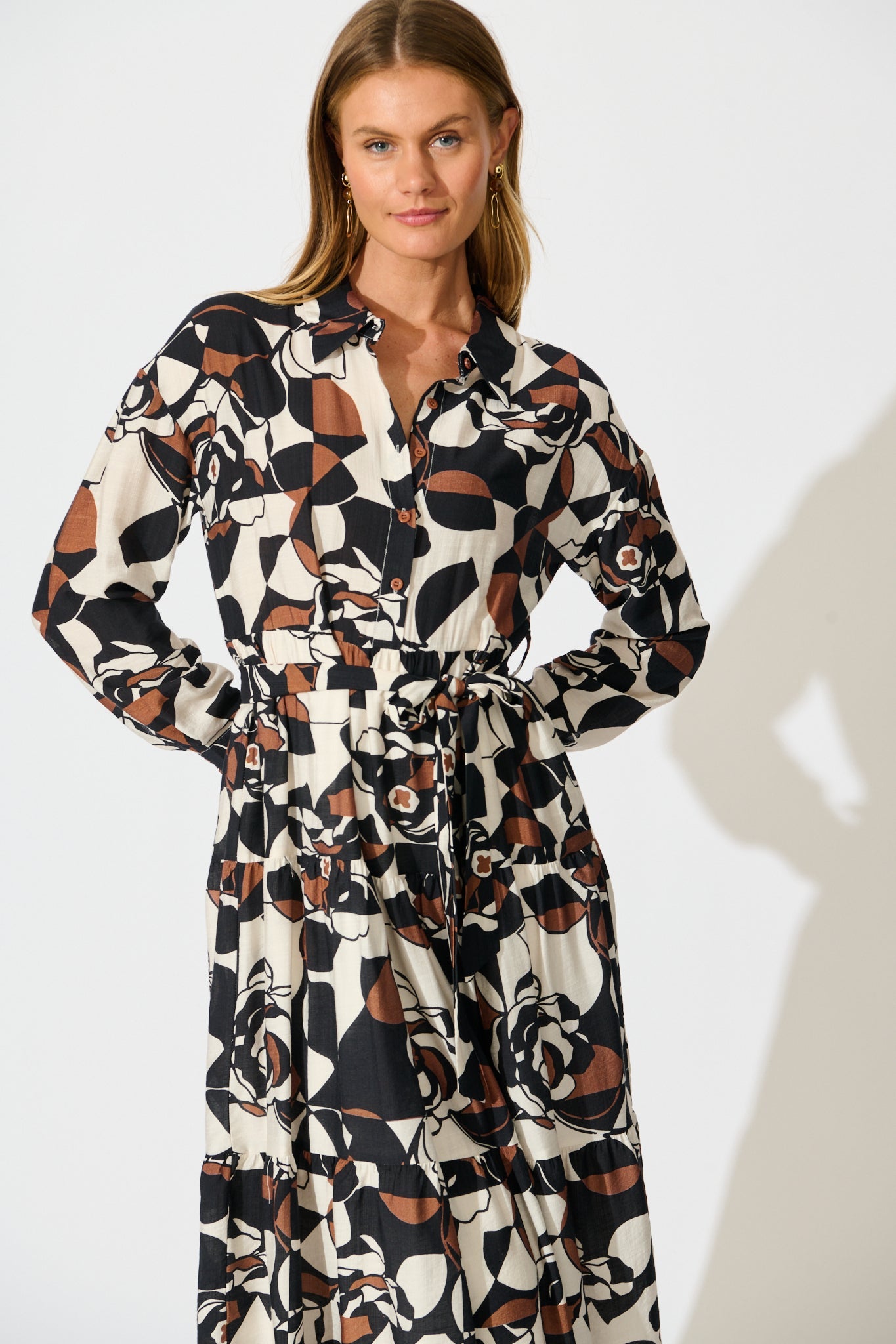 Jada Midi Dress in White with Black and Brown Print