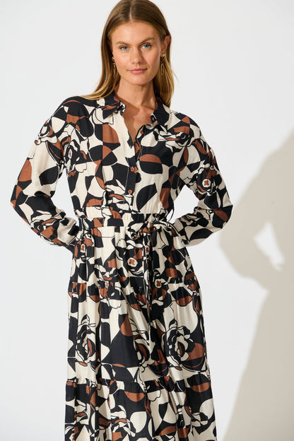Jada Midi Dress in White with Black and Brown Print