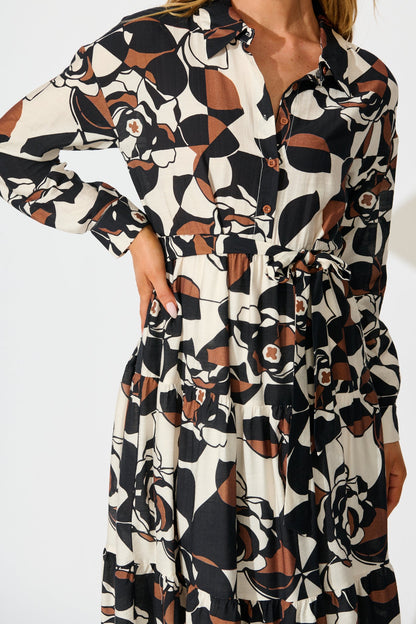 Jada Midi Dress in White with Black and Brown Print