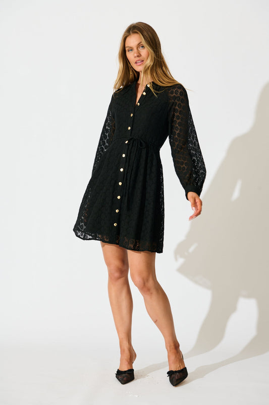 Rowena Dress in Black Lace Cotton Blend