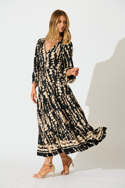Rosamund Midi Dress in Black with Beige Print