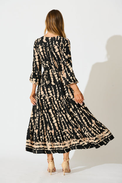 Rosamund Midi Dress in Black with Beige Print