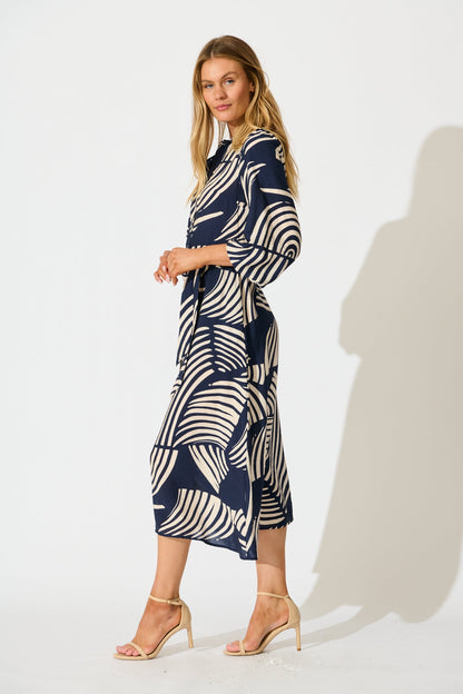 Berlina Midi Shirt Dress in Navy with Cream Linen Blend