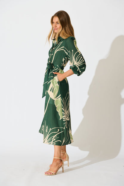 Larson Midi Shirt Dress in Green with Cream Leaf Linen Blend