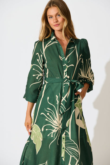 Larson Midi Shirt Dress in Green with Cream Leaf Linen Blend