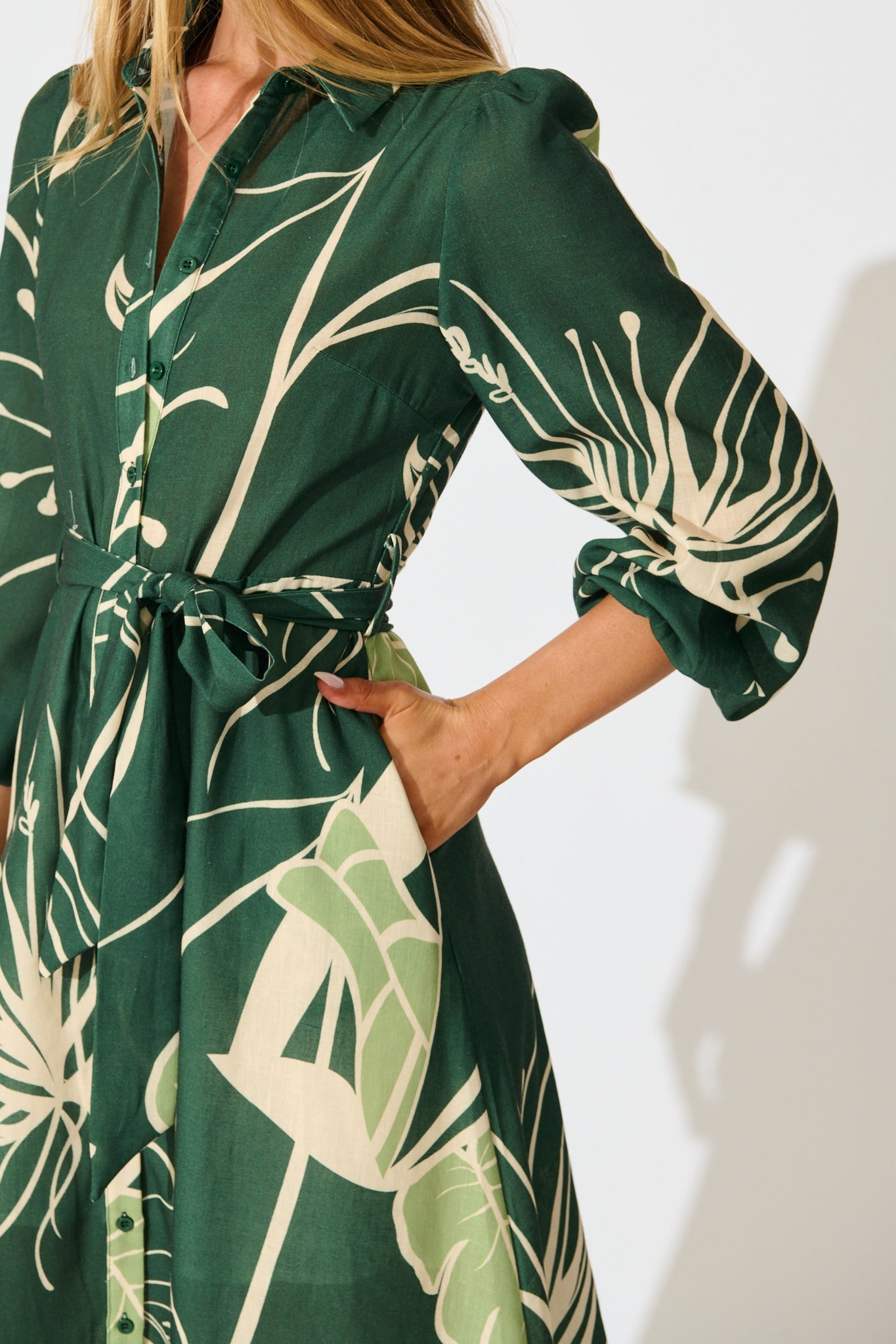 Larson Midi Shirt Dress in Green with Cream Leaf Linen Blend