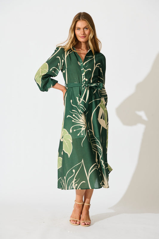 Larson Midi Shirt Dress in Green with Cream Leaf Linen Blend