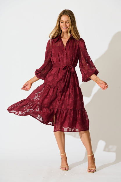 Twilight Midi Dress in Wine Floral Burnout Chiffon