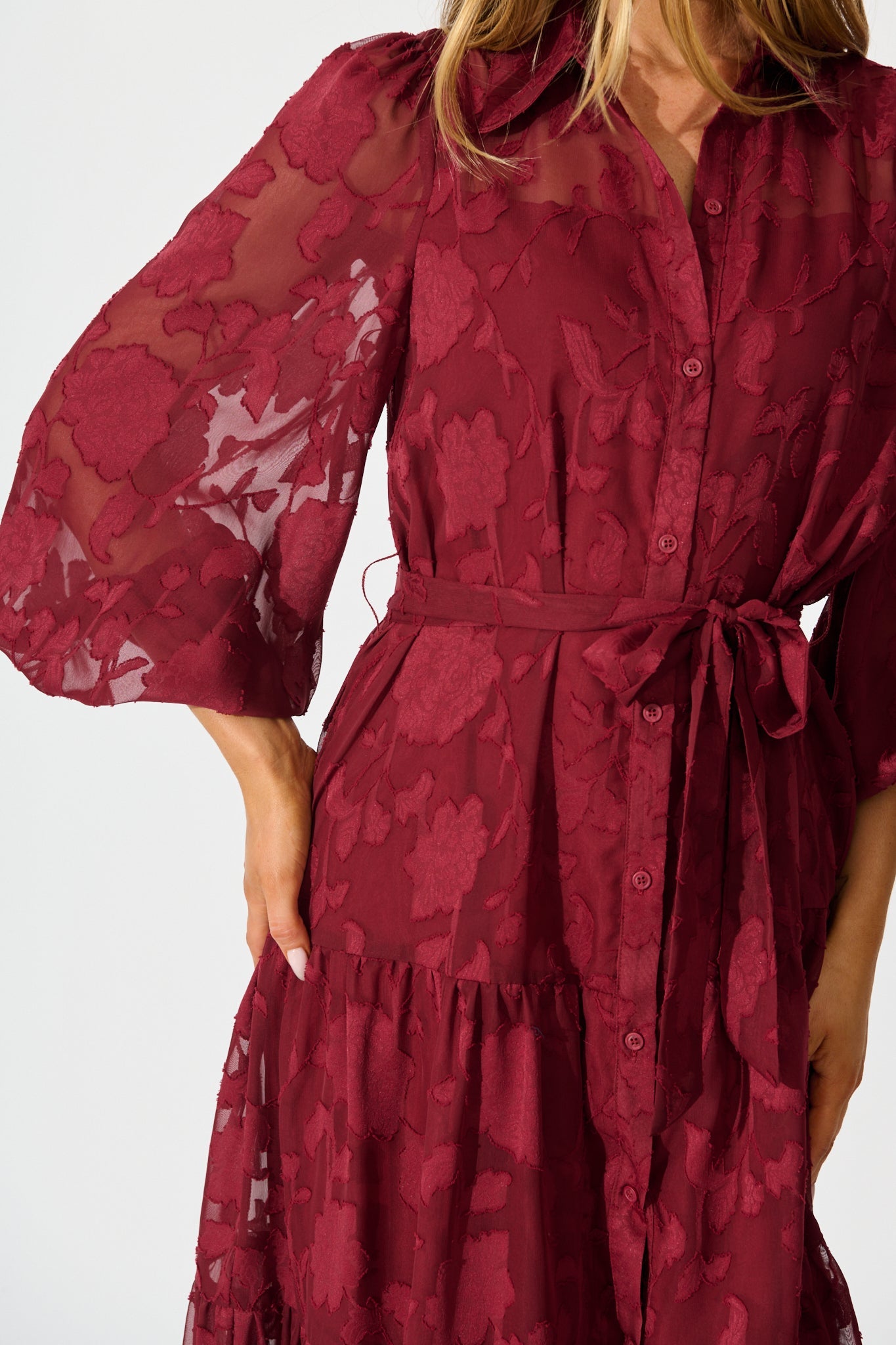 Twilight Midi Dress in Wine Floral Burnout Chiffon