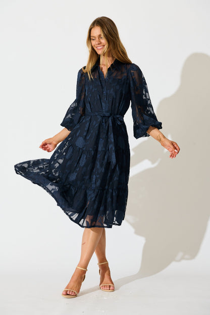 Twilight Midi Dress in Navy Floral Burnout Chiffon