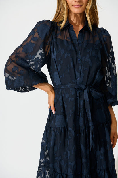 Twilight Midi Dress in Navy Floral Burnout Chiffon