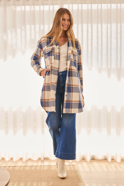 Mariana Shacket in Cream with Blue Check Wool Blend