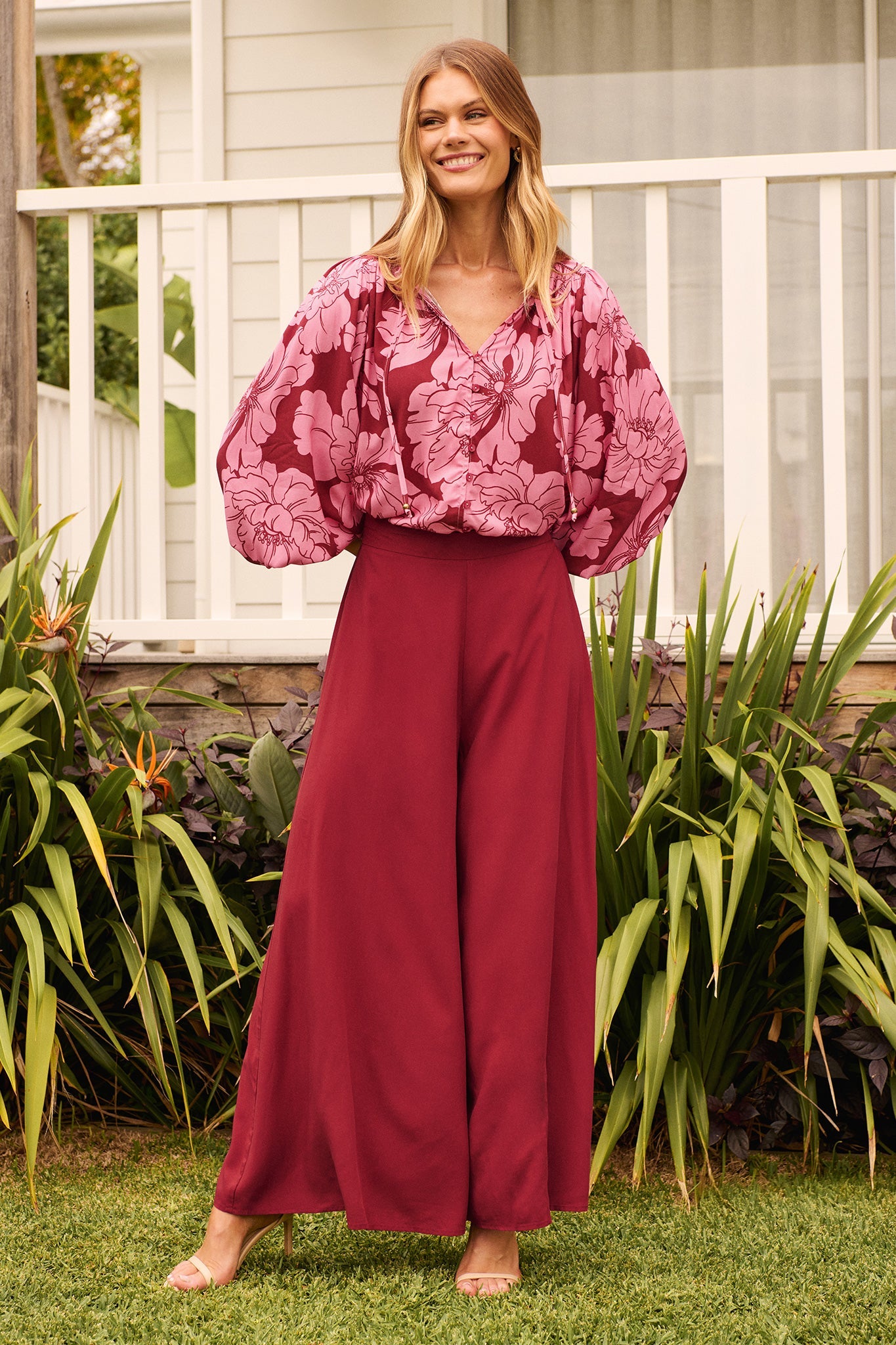 Devotion Top in Wine with Pink Floral