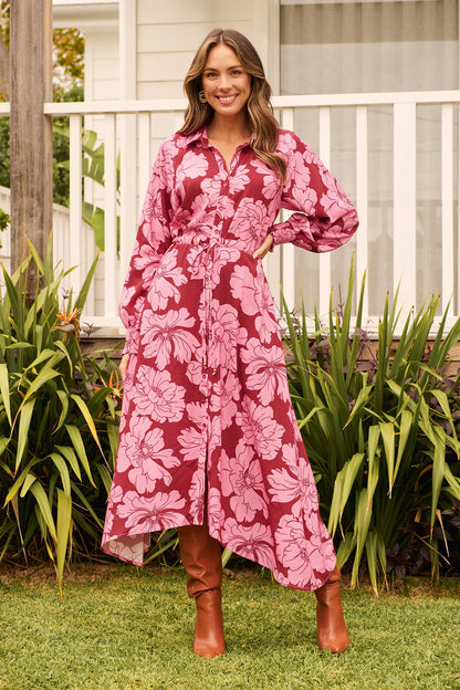 High Tea Midi Shirt Dress in Wine with Pink Floral