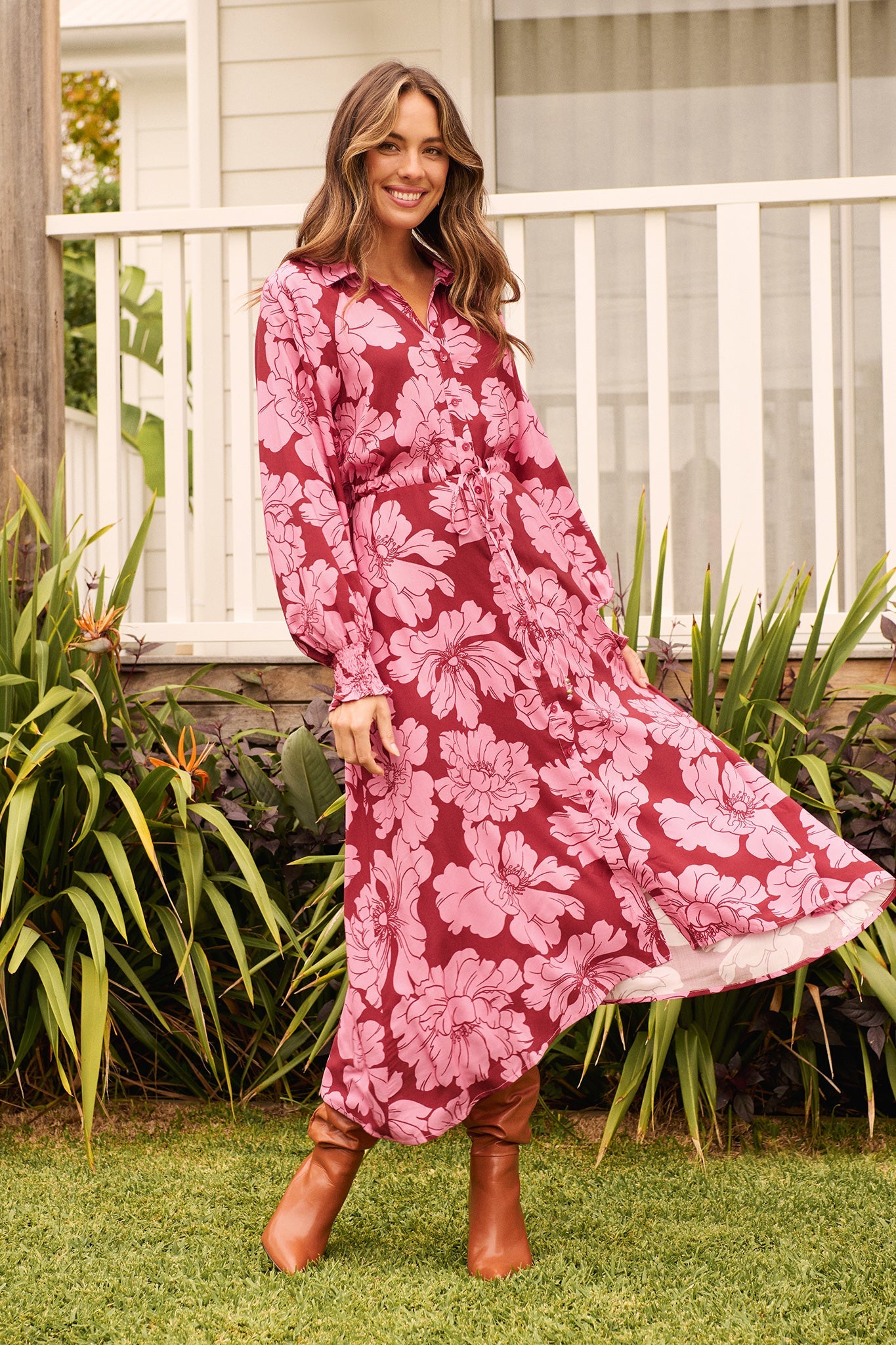 High Tea Midi Shirt Dress in Wine with Pink Floral