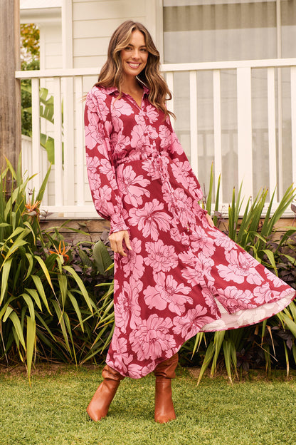 High Tea Midi Shirt Dress in Wine with Pink Floral