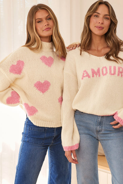 Lovey Intarsia Knit in Cream with Pink Heart