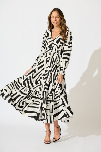 Neveena Maxi Dress in Black with White Geometric Print