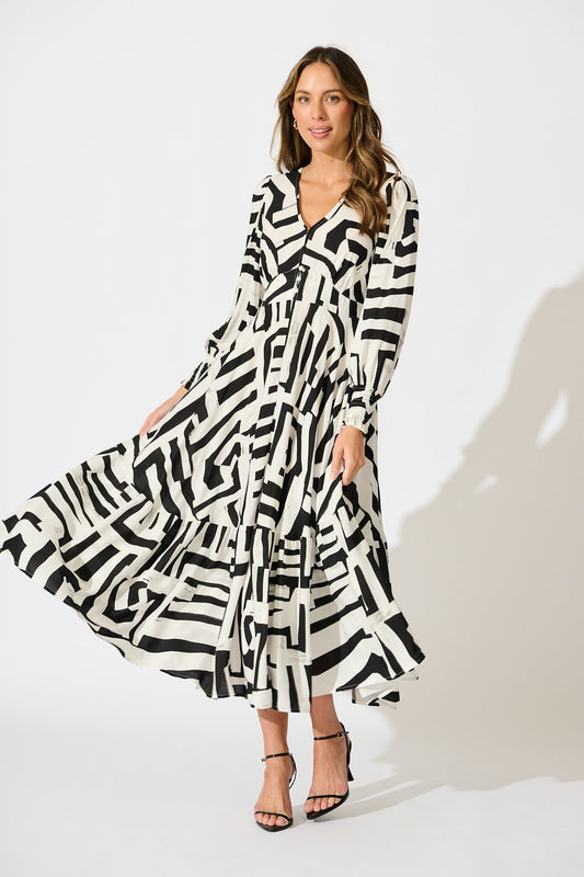 Neveena Maxi Dress in Black with White Geometric Print