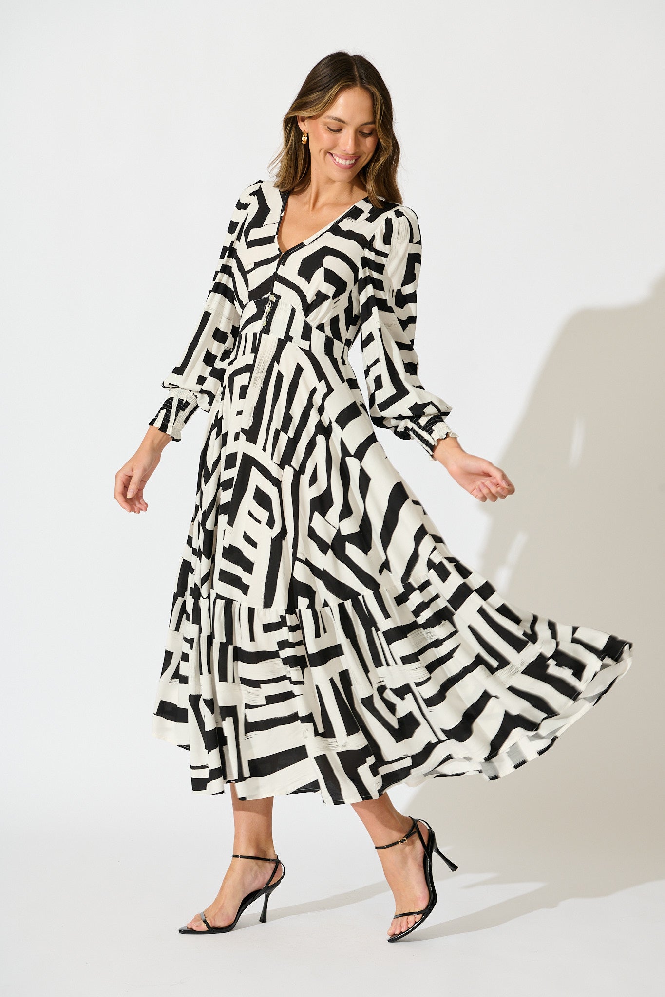 Neveena Maxi Dress in Black with White Geometric Print