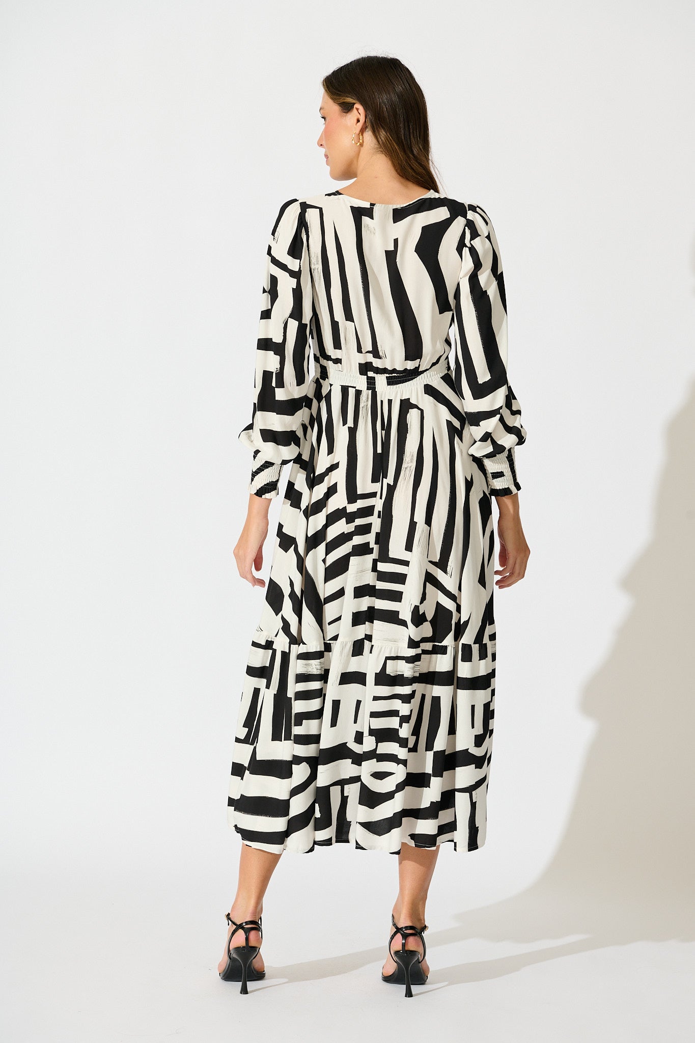 Neveena Maxi Dress in Black with White Geometric Print