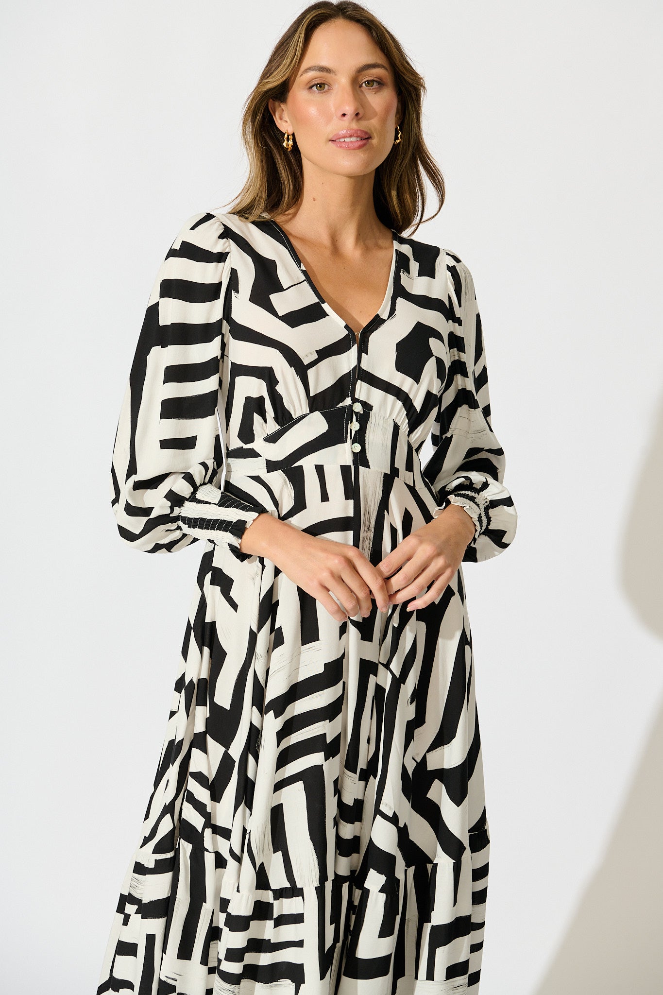 Neveena Maxi Dress in Black with White Geometric Print
