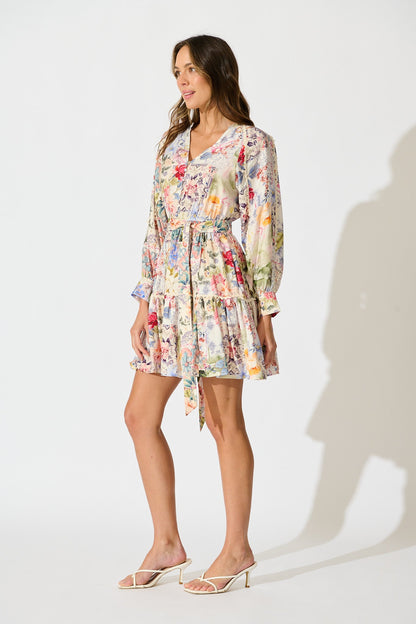 Athena Dress in White with Multi Floral Print