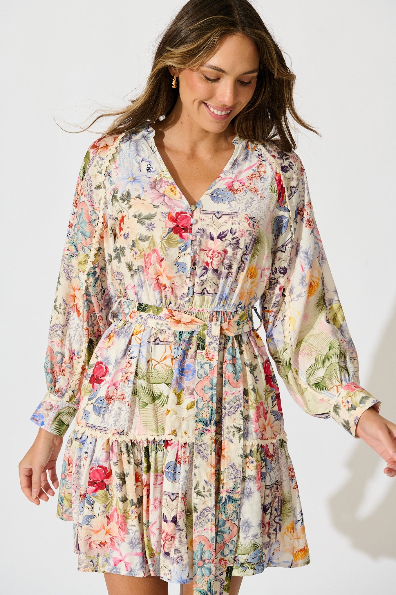 Athena Dress in White with Multi Floral Print